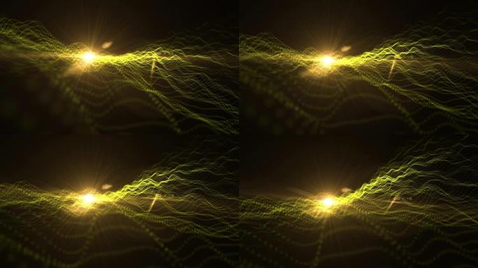 以火花耀斑为背景的波形的抽象黄点粒子