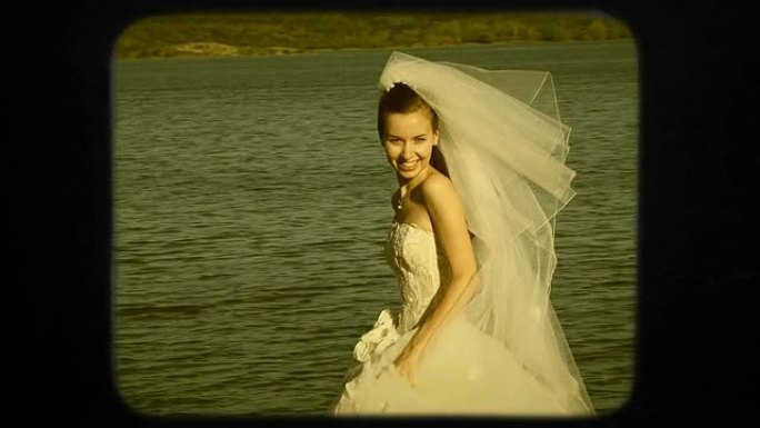 走在湖边的快乐新娘