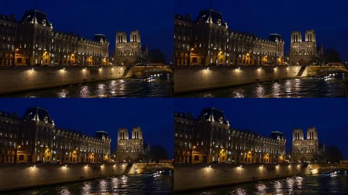 法国之夜照明巴黎塞纳河巴黎圣母院河畔全景4k