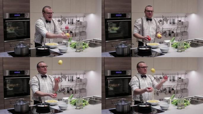 厨房里的男人杂耍蔬菜