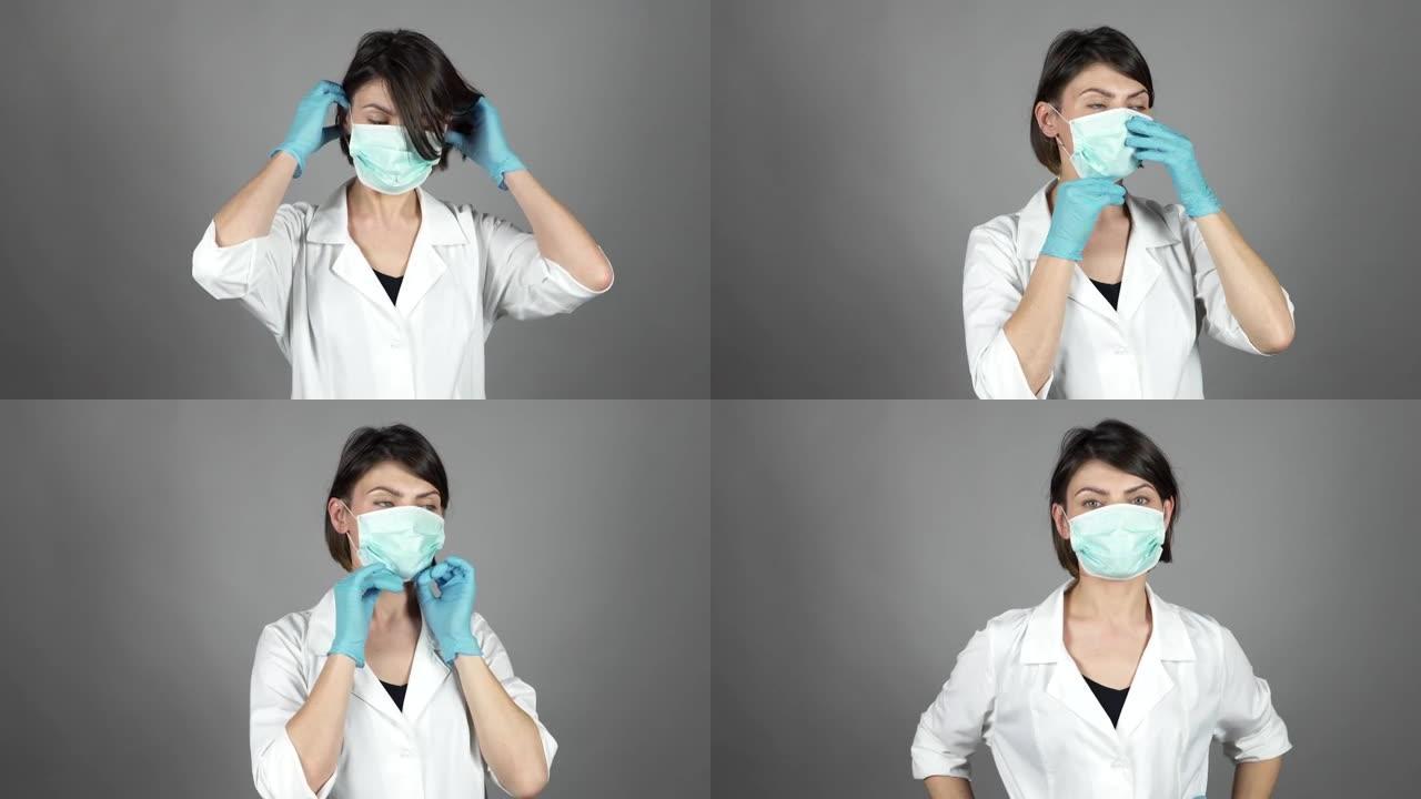 戴着绿色手套的女外科医生准备手术，戴上口罩。医疗保健概念。在4k拍摄。