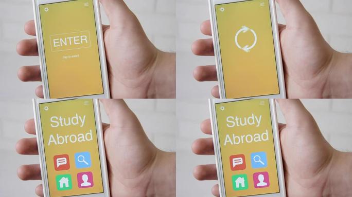 出国留学概念在智能手机上的应用Man使用移动应用程序。