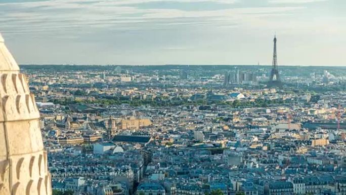 法国巴黎延时全景。蒙马特圣心大教堂的俯视图