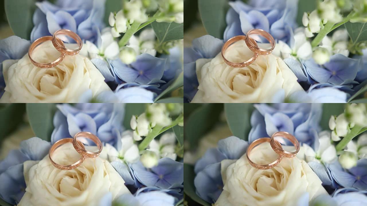 鲜花上的结婚戒指