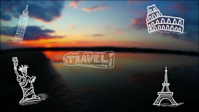日落旅行符号素描埃菲尔铁塔大本钟铭文飞行背景