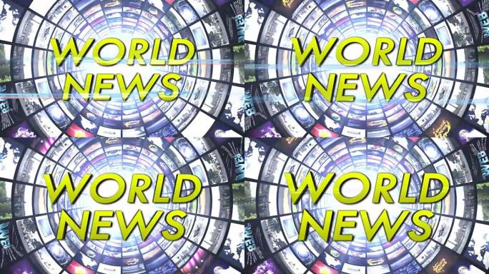 世界新闻文本动画和监视器隧道，渲染，背景，循环