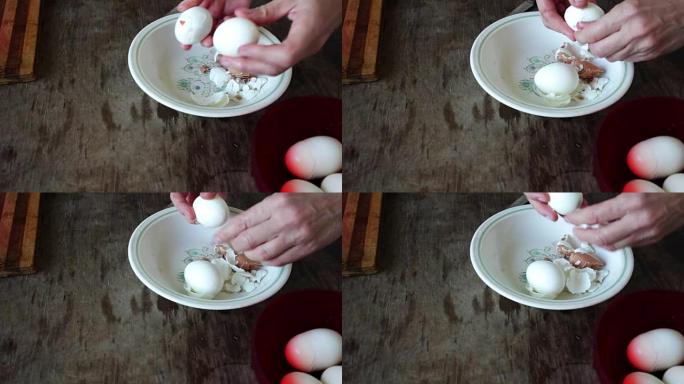 女人清洗煮鸡蛋的外壳