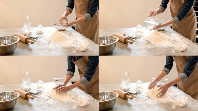 宜人的面包师制作面团