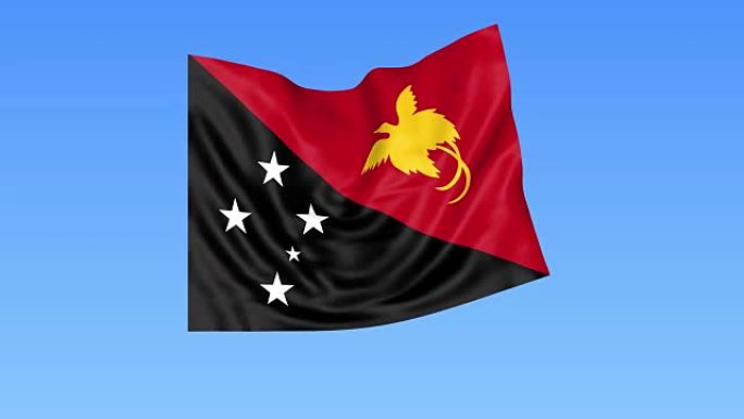 挥舞着巴布亚新几内亚的旗帜，无缝循环。精确的尺寸，蓝色背景。所有国家的一部分。阿尔法全高清