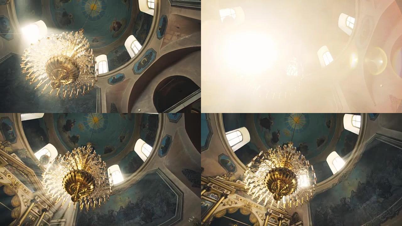 教堂带壁画和吊灯的天花板