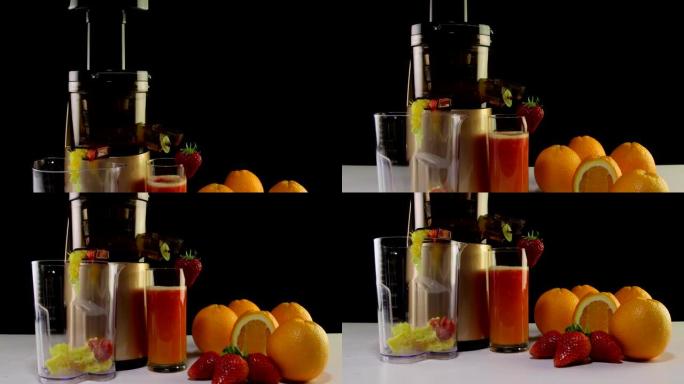 多莉: 一杯从冷榨汁机中提取的鲜榨草莓橙汁