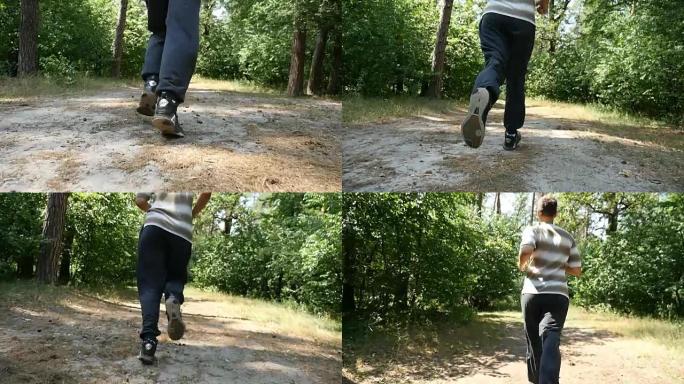穿着黑色运动鞋的男性脚开始在森林中以慢动作奔跑