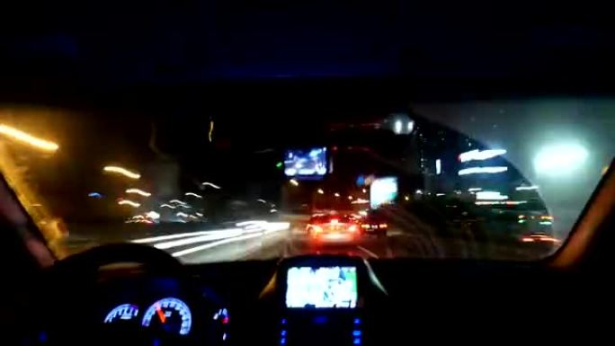 夜间驾驶延时，挡风玻璃内，韩国釜山