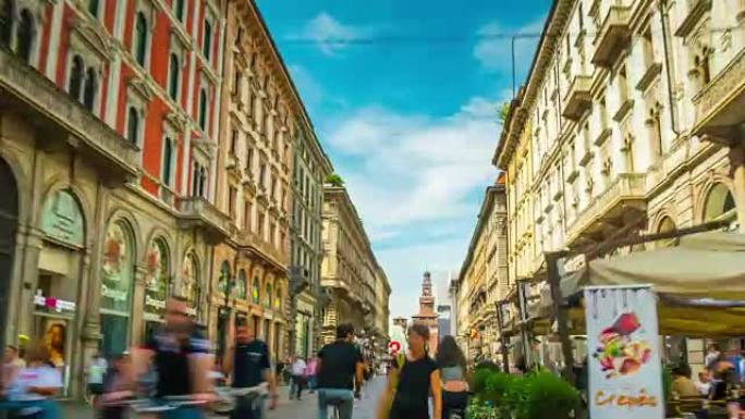 意大利阳光明媚的天空米兰市通过但丁街拥挤的步行全景4k时间流逝