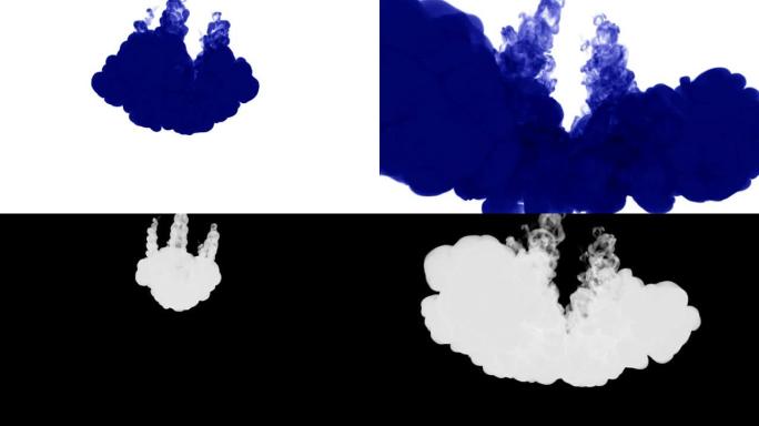 大量流动的孤立的蓝色墨水注入。蓝色在水中旋转，以慢动作射击。用于漆黑的背景或带有烟雾或墨水效果的背景