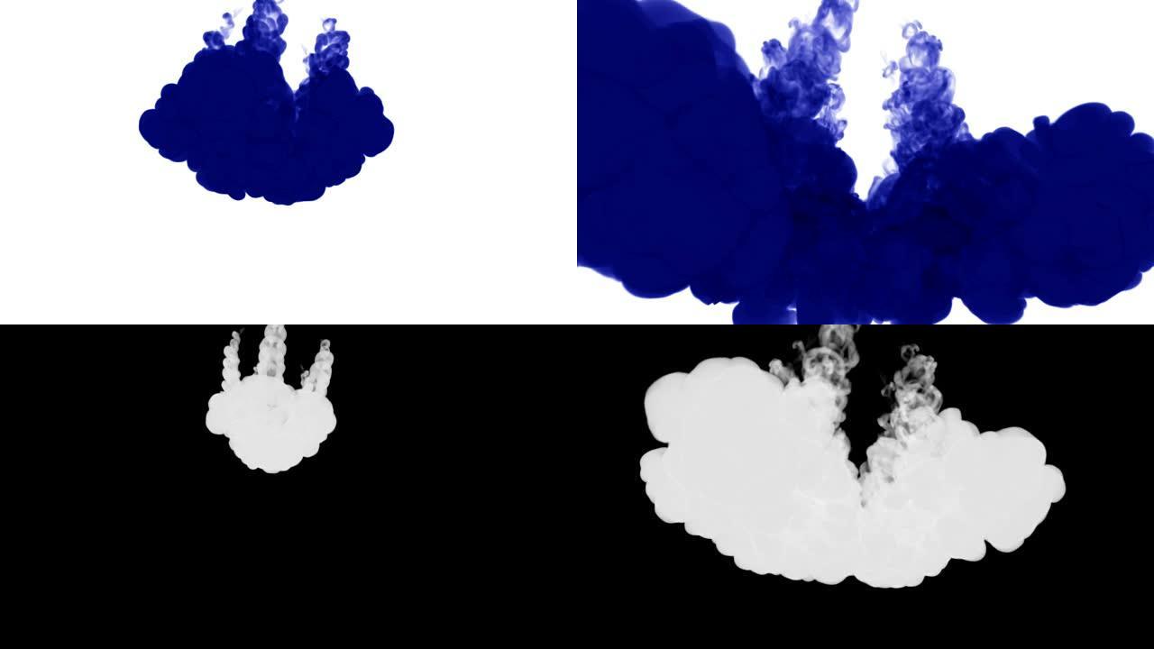 大量流动的孤立的蓝色墨水注入。蓝色在水中旋转，以慢动作射击。用于漆黑的背景或带有烟雾或墨水效果的背景