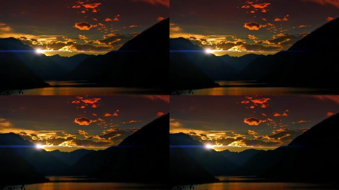 山地剪影镜头耀斑，黄金时刻太阳景观，夕阳