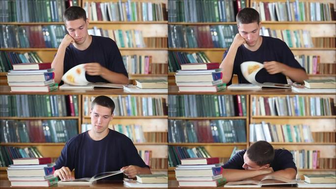 图书馆里的疲惫学生看书2