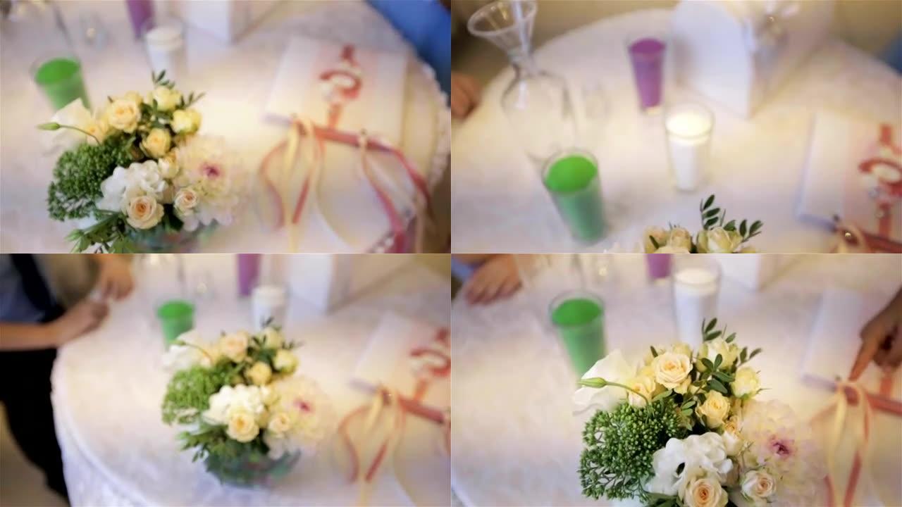 一束新鲜玫瑰。节日鲜花花束。婚礼新娘花束。婚礼鲜花。