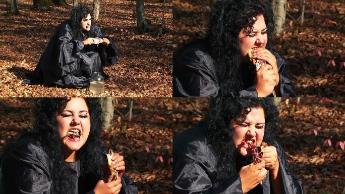 黑头发女人在秋天的森林里撕干鱼