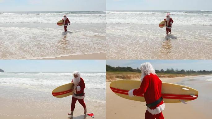 澳洲圣诞冲浪圣诞老人用冲浪板在沙滩上奔跑