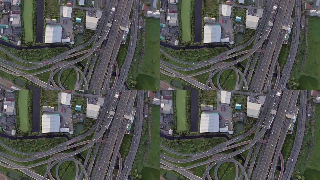 泰国曼谷多叠高速公路和交通，空中俯视图，头顶拍摄