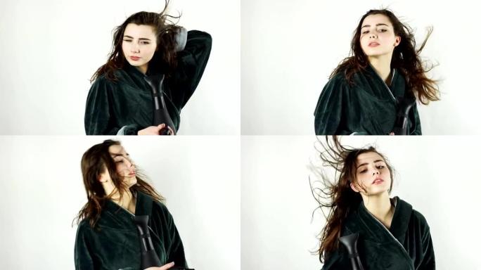 美丽的年轻女子在吹风机上唱歌的镜头被隔离在白色背景上