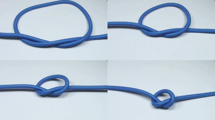简单的上手结由蓝色合成绳制成，在白色背景上拉紧