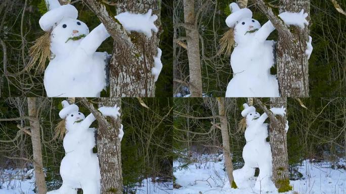 抱树的白色大雪人