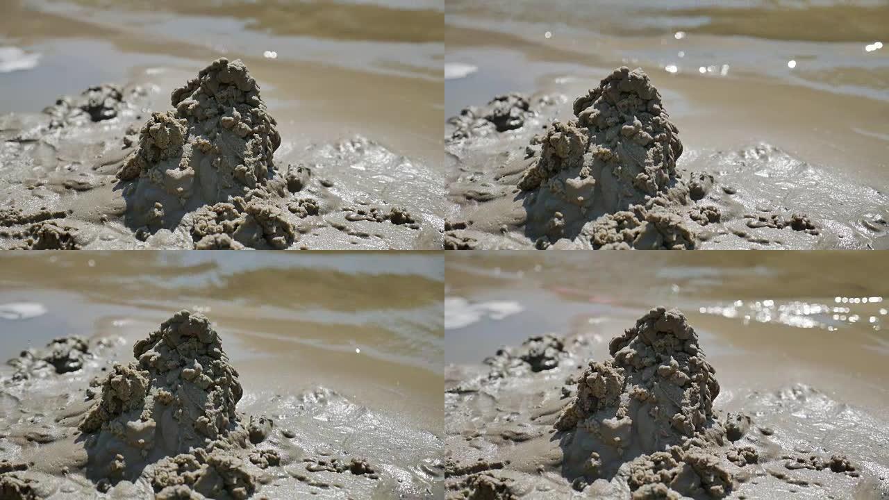 海水海滩度假假日慢动作视频模糊毁坏的沙子城堡