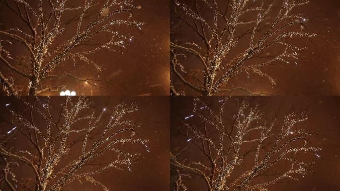 雪城树上的明亮照明