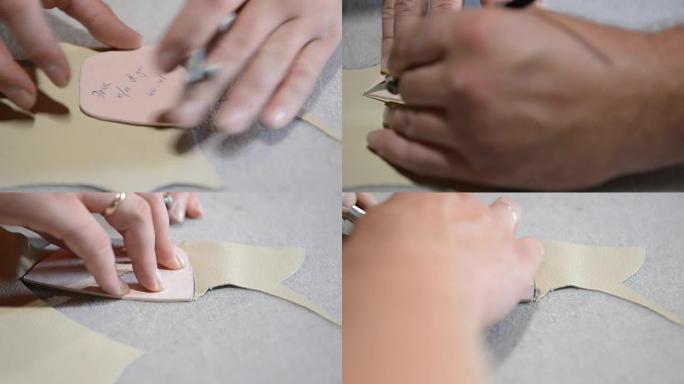 鞋匠在纸上制作图案并切割皮革