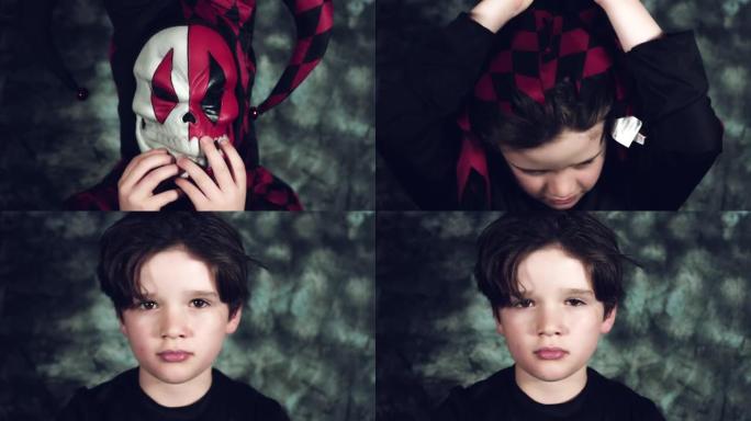 一个穿着小丑服的孩子正在脱下它的4k万圣节照片