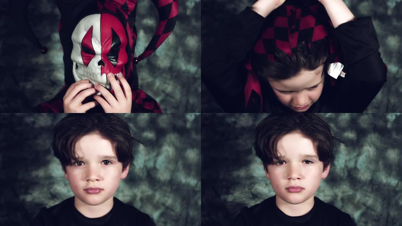 一个穿着小丑服的孩子正在脱下它的4k万圣节照片