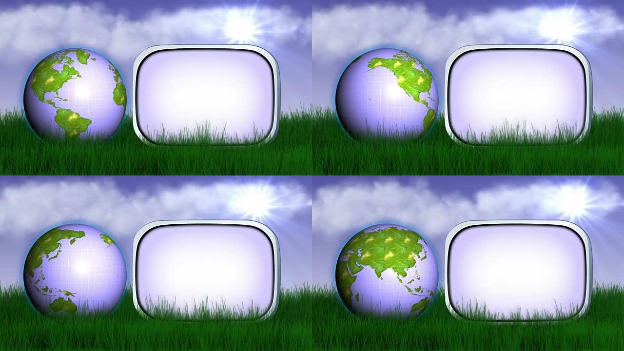 草地上的地球和空监视器，动画，渲染，循环