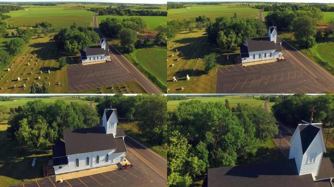 美丽的乡村教堂在农村设置，飞行空中