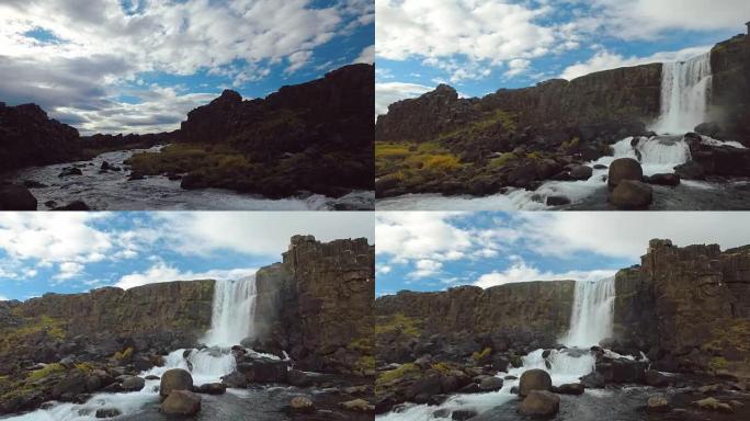 秋季构造板块断裂的冰岛小瀑布草草和河流