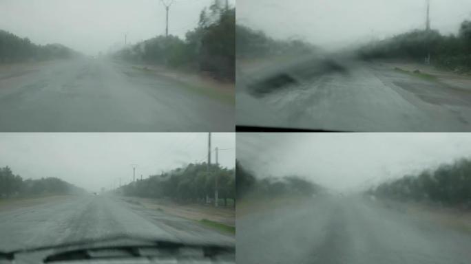 pov汽车在大雨中行驶