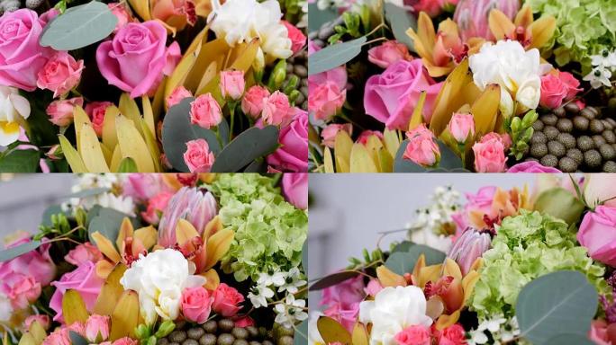 特写，从上面看，鲜花，花束，旋转，花卉组成由玫瑰水，鸟纲，青绿色，桉树，兰花，Protea，Barb