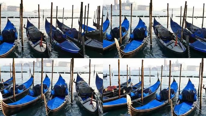 带吊船和圣乔治马焦雷教堂的大运河4k景观。意大利威尼斯圣马可