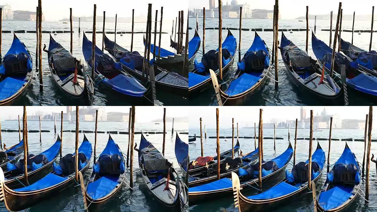 带吊船和圣乔治马焦雷教堂的大运河4k景观。意大利威尼斯圣马可