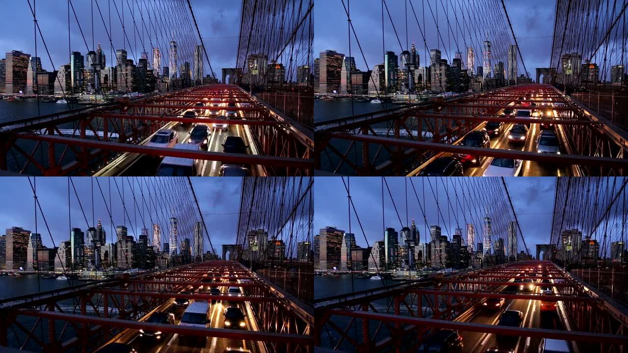 黄昏时从布鲁克林大桥2016年12月30日美国纽约曼哈顿天际线