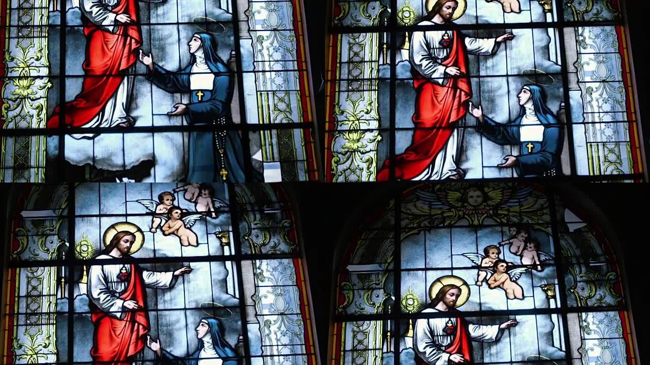 图像上的宗教彩色玻璃窗耶稣和含义年轻修女