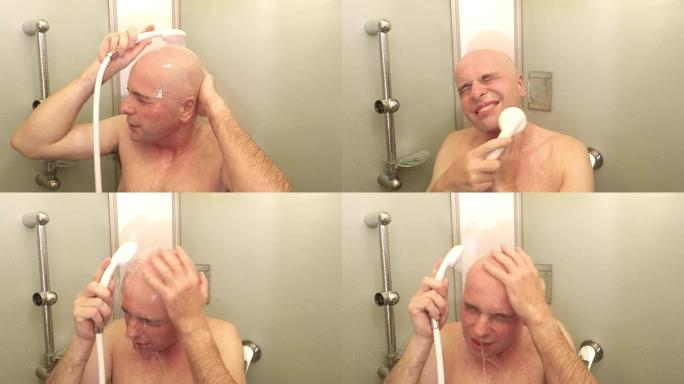 秃头男人洗身体。