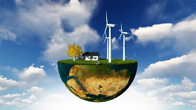 地球地球仪手持风力涡轮机和幸福家庭对抗蓝天