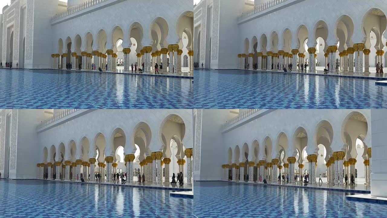 阿布扎比晴天最著名的谢赫·扎耶德清真寺水上全景4k阿拉伯联合酋长国