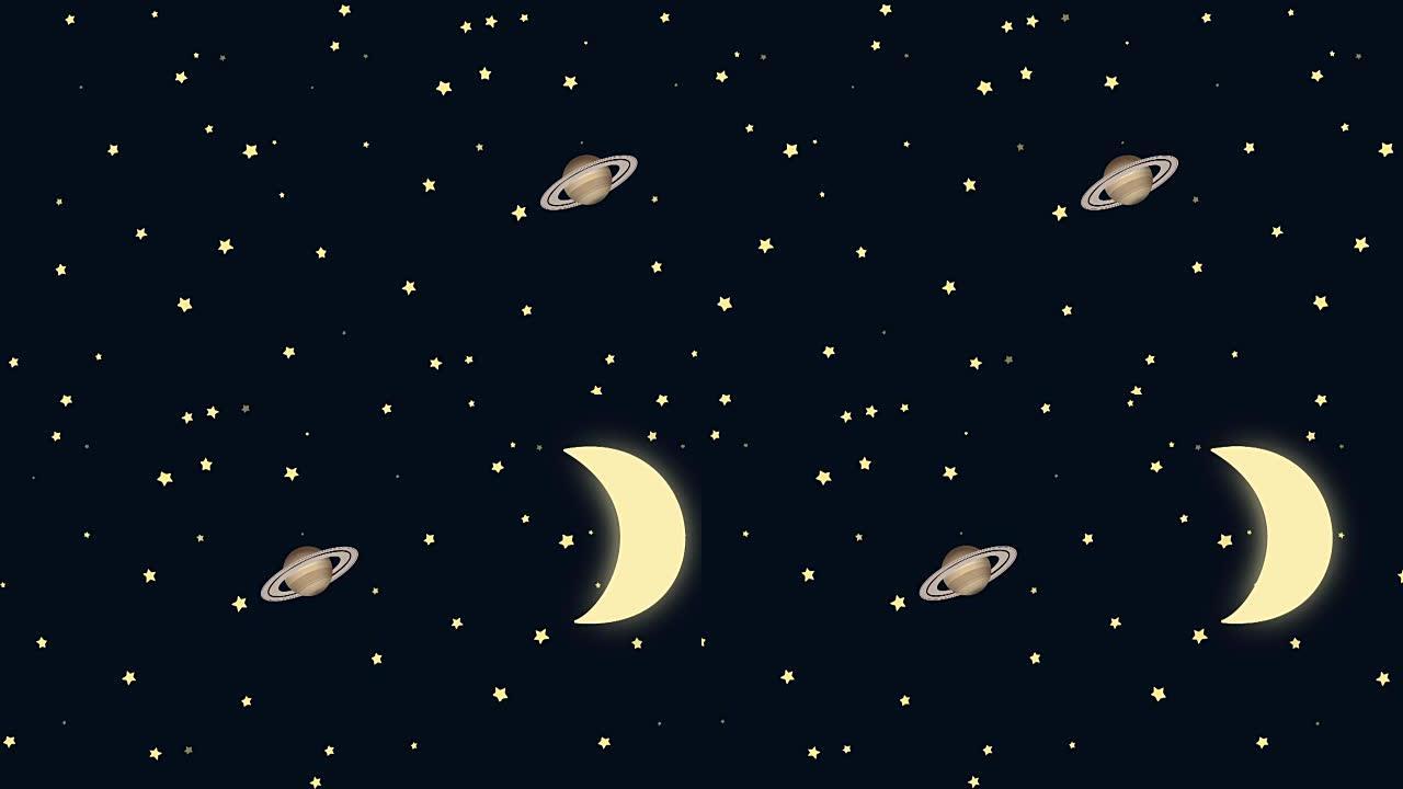 卡通新月和土星在一个繁星点点的夜晚