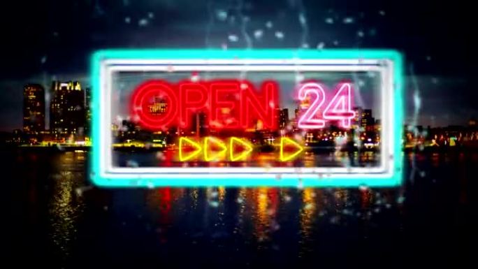 霓虹灯 “Open 24” 通过雨滴露出