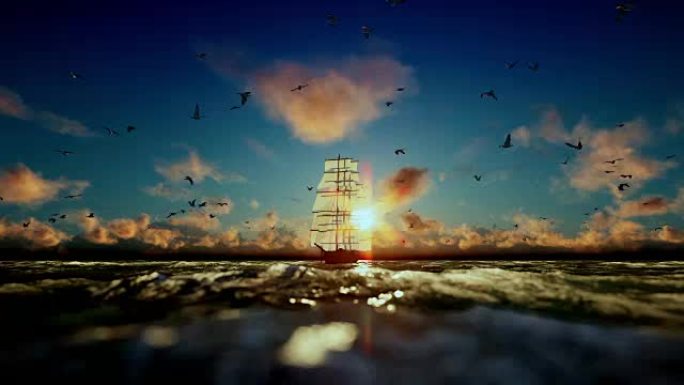 古老的海盗船航行，美丽的日落，海鸥飞翔，声音包括在内