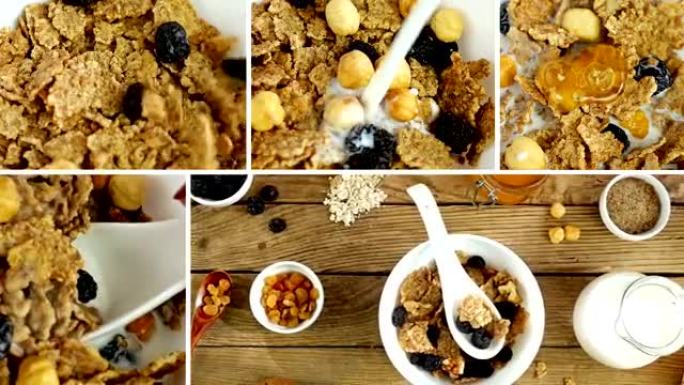 展示早餐场景的蒙太奇剪辑集 -- 谷类食品、干果、坚果和牛奶